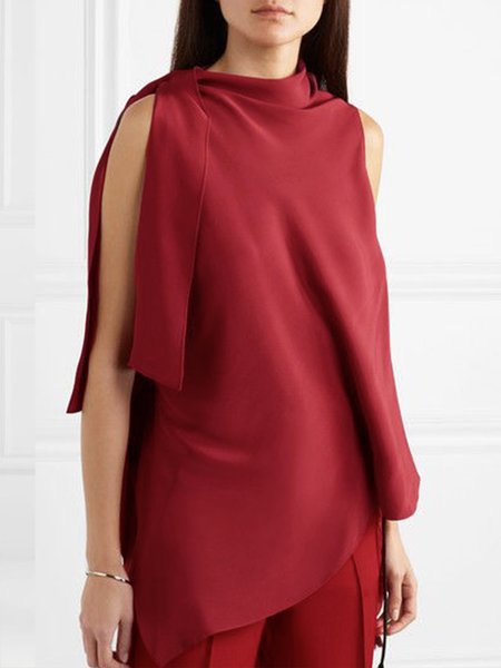 

Daily Plain Satin Elegant Short Sleeve Top, Red, Blouses and Shirts