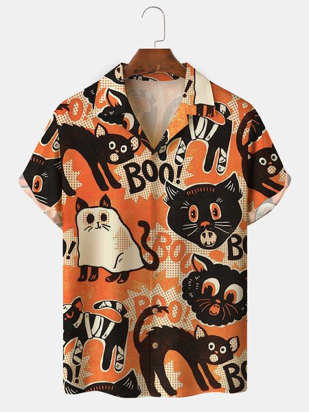

Mens Halloween Cats Print Front Buttons Soft Breathable Loose Casual Hawaiian Shirts, Orange, Men's Floral shirt