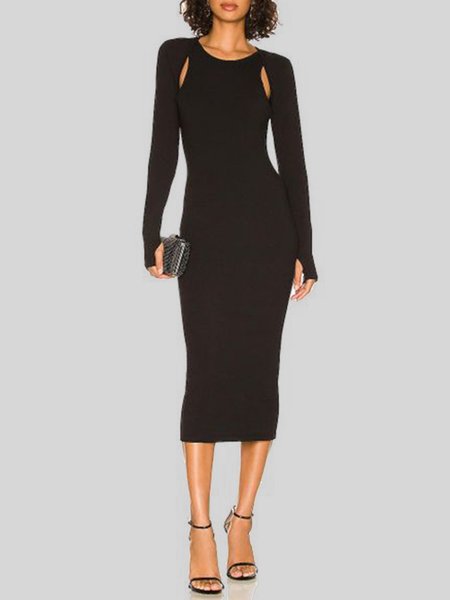 

Crew Neck Plain Long Sleeve Cut-outs Dress, Black, Midi Dresses