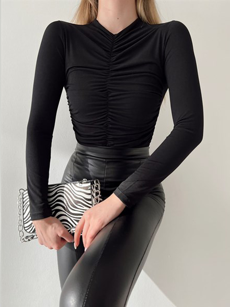 

Autumn H-Line Long sleeve Simple Stand Collar High Elasticity T-Shirt, Black, Tees