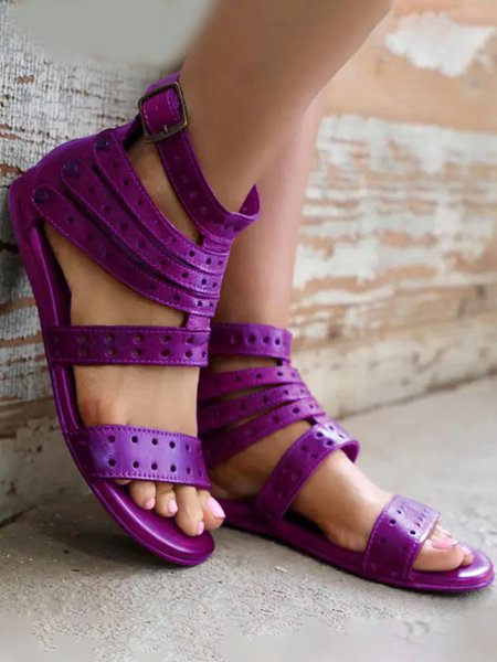 

JFN Vintage Cutout Strap Flat Roman Sandals, Purple, Sandals
