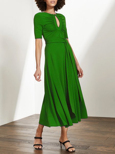 

Midi Half sleeve Fit Crew Neck Plain Dress, Green, Maxi Dresses