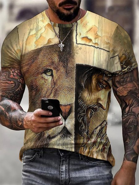

Men Lion Of Judah Christian Art Crew Neck Casual Loose T-Shirt, Khaki, T-shirts