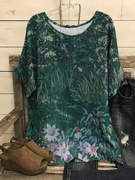 

Retro flower casual Pullover Top Plus Size, Green, Shirts & Blouses