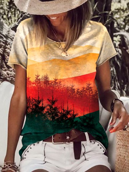 

Casual Landscape Print Crew Neck Fit T-Shirt, Multicolor, T-Shirts
