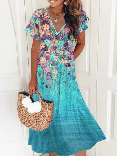 

Women's Vacation Casual V Neck Floral Short Sleeve Midi Dress, Blue, Midi