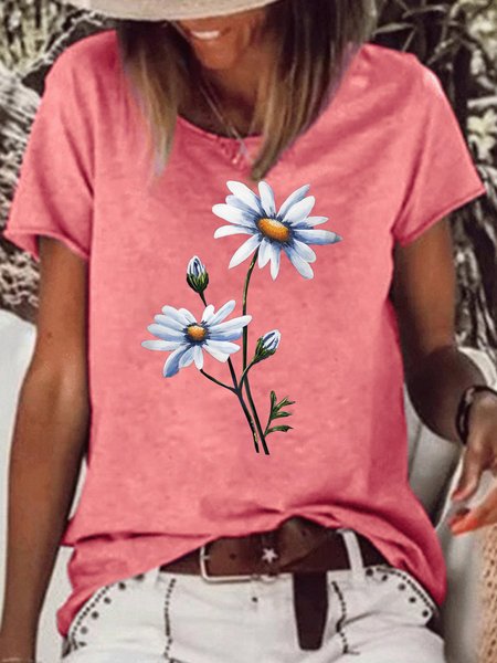

Womens Flower Print Casual T-Shirt, Red, T-shirts