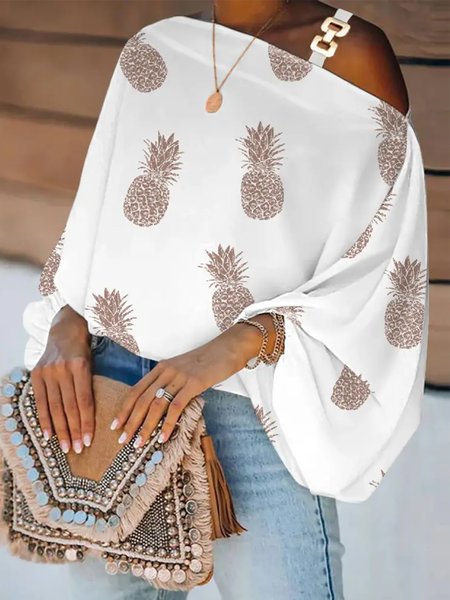 

Casual Fruit Cold Shoulder Loosen Top, White, Tops