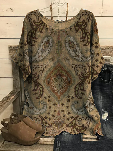 

Folk Paisley wide body Pullover boho Top plus size, Khaki, Shirts & Blouses