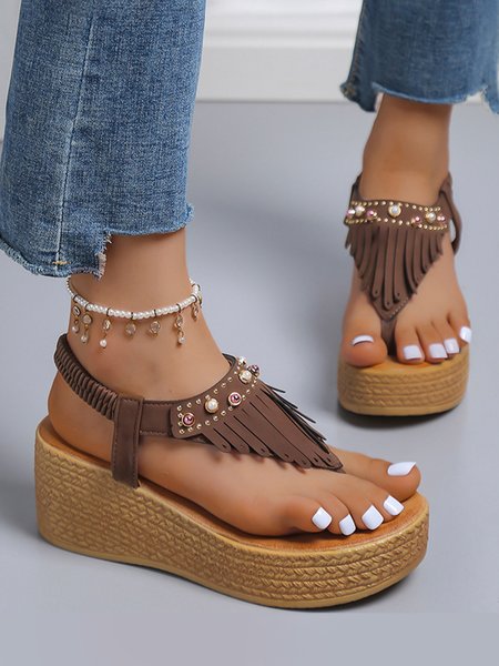 

JFN Vintage Pearl Fringe Woven Wedge Platform Thong Sandals, Brown, Sandals & Slippers