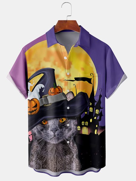 

Casual Style Festival Series Halloween Pumpkin Cat Element Pattern Lapel Short-Sleeved Chest Pocket Shirt Printed Top, Purple, Shirts ＆ Blouse