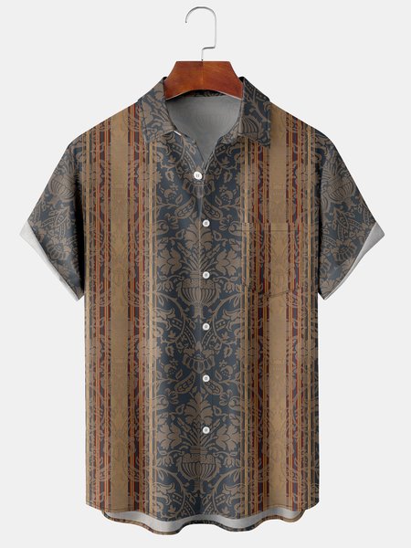 

Casual Art Collection Striped Geometric Floral Pattern Lapel Short Sleeve Breast Pocket Shirt Print Top, Multicolor, Shirts ＆ Blouse