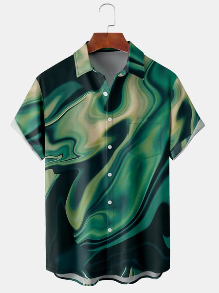 

Casual Art Collection Gradient Striped Geometric Color Block Pattern Lapel Short Sleeve Chest Pocket Shirt Print Top, Green, Men's Floral shirt