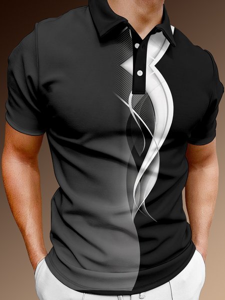 

Casual Art Collection Gradient Geometric Stripe Pattern Lapel Short Sleeve Polo Print Top, Black, Men's t-shirts