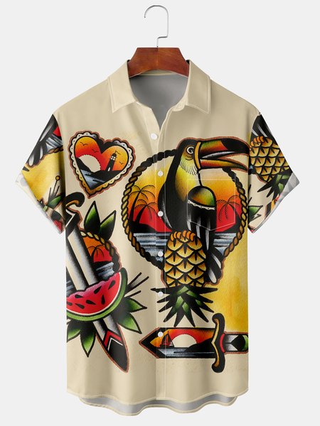 

Resort Style Hawaiian Series Geometric Plant Parrot Coconut Tree Element Pattern Lapel Short Sleeve Chest Pocket Shirt Print Top, Light khaki, Shirts ＆ Blouse