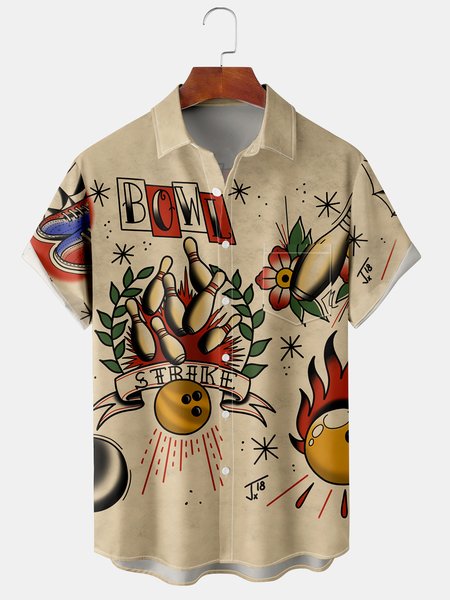 

Casual Sports Collection Striped Geometric Bowling Element Pattern Lapel Short Sleeve Chest Pocket Shirt Print Top, Khaki, Shirts ＆ Blouse