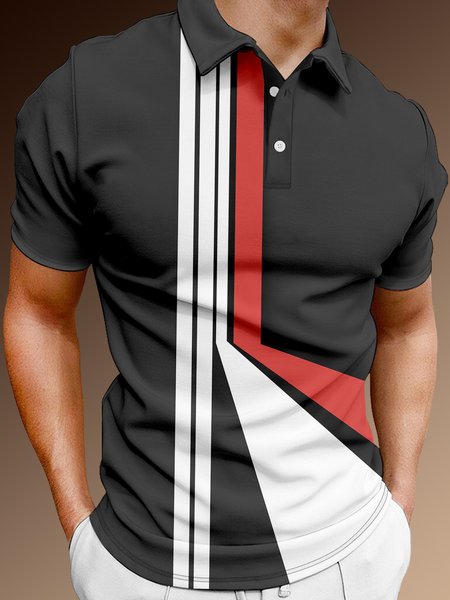 

Casual Art Collection Geometric Stripes Color Block Pattern Lapel Short Sleeve Polo Print Top, Black, Men's t-shirts