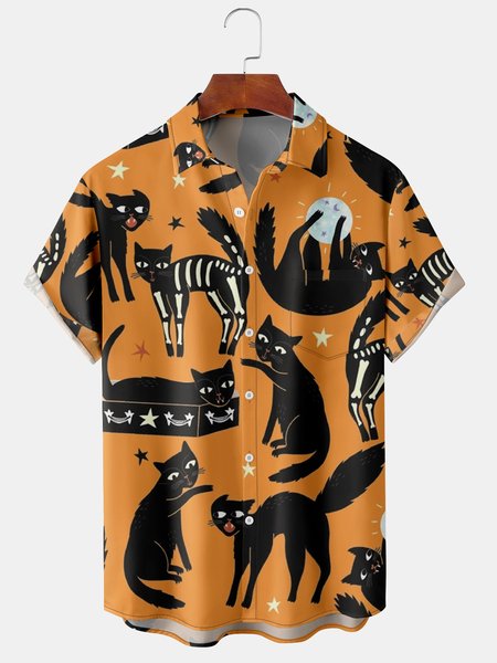 

Retro Style Holiday Series Halloween Skull Cat Element Pattern Lapel Short Sleeve Chest Pocket Shirt Printed Top, Orange, Shirts ＆ Blouse