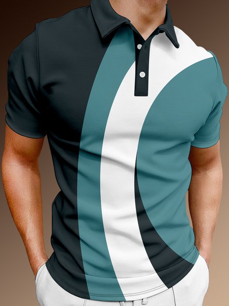 

Casual Art Collection Geometric Stripes Color Block Pattern Lapel Short Sleeve Polo Print Top, Lake blue, Men's t-shirts