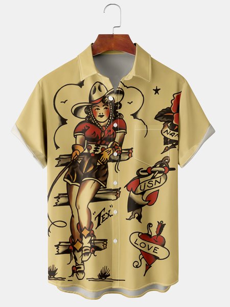 

Vintage Culture Collection Western Cowgirl Element Pattern Lapel Short Sleeve Chest Pocket Shirt Print Top, As picture, Shirts ＆ Blouse