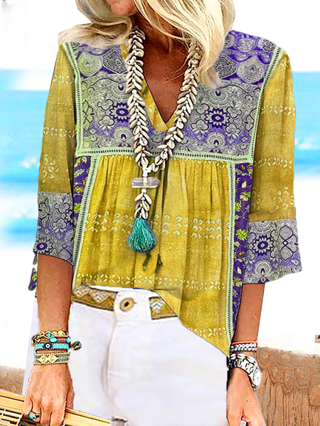

Boho V Neck Loosen Short Sleeve Top, Yellow, Shirts & Blouses