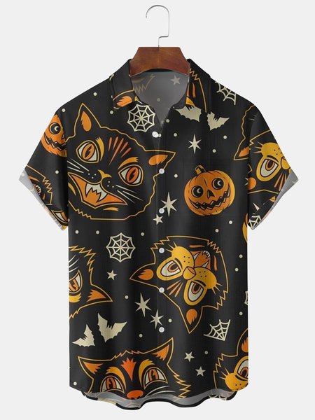 

Mens Funky Halloween Cats Print Front Buttons Soft Breathable Chest Pocket Casual Hawaiian Shirts, Black, Men's Floral shirt