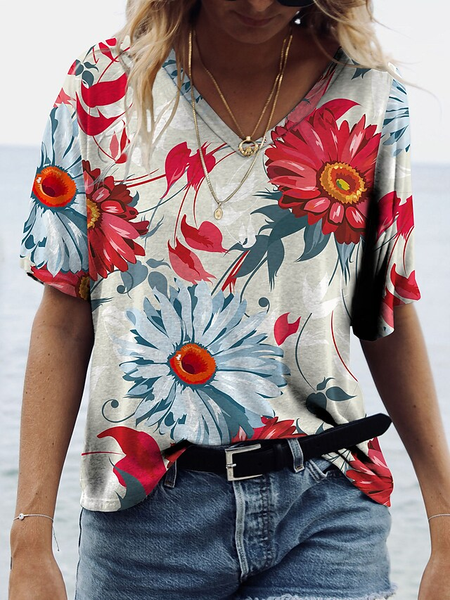 

Casual Floral V neck Short sleeve T-Shirt, Gray, T-Shirts