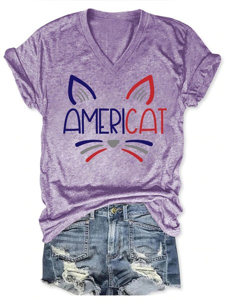 

Women Funny American Cats Amricat Cotton-Blend Simple T-Shirt, Purple, T-shirts