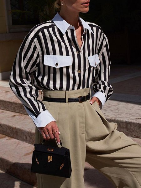 

Urban Work Striped Long Sleeve Shirt Collar Blouse, Stripe, Blouses and Shirts