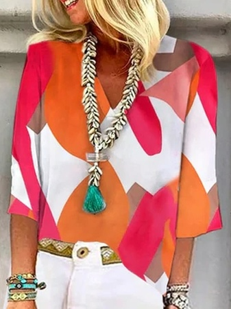 

JFN V Neck Loose Geometric Top, Multicolor, Tops