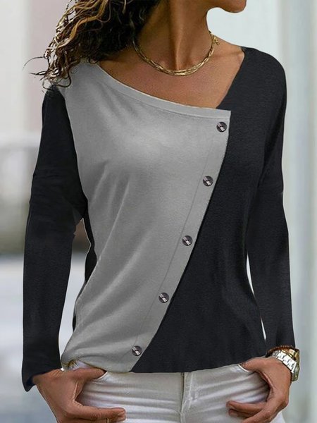 

Color Block Casual Loose T-Shirt, Black-grey, Long Sleeves