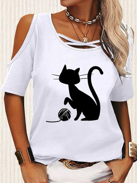 

Casual Cotton-Blend Loose T-Shirt, White, T-Shirts