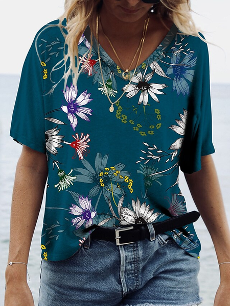 

V Neck Casual Floral Short sleeve T-Shirt, Purplish blue, T-Shirts