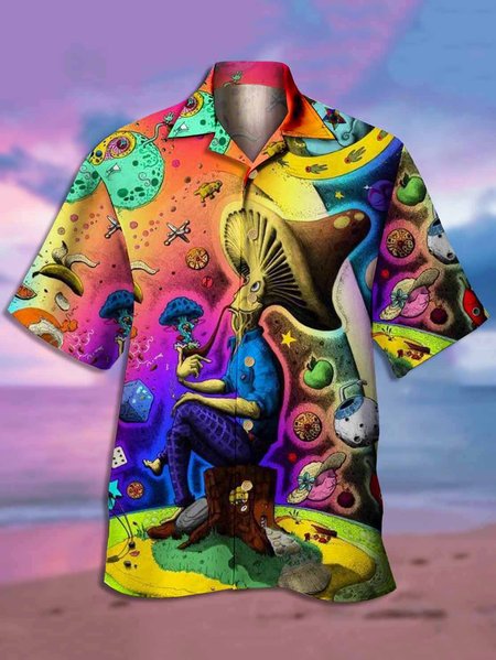 

Men's Hippie Print Casual Short Sleeve Hawaiian Shirt, Yellow, Men's Floral shirt
