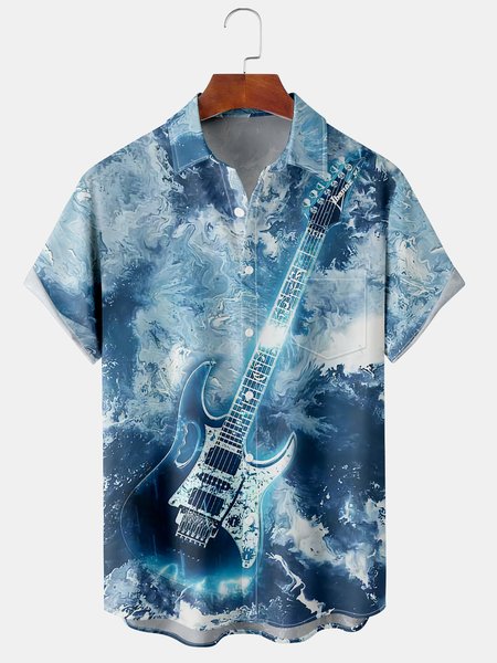 

Men's Chest Pocket Print Short Sleeve Hawaiian Shirt, Blue, Men's Floral shirt