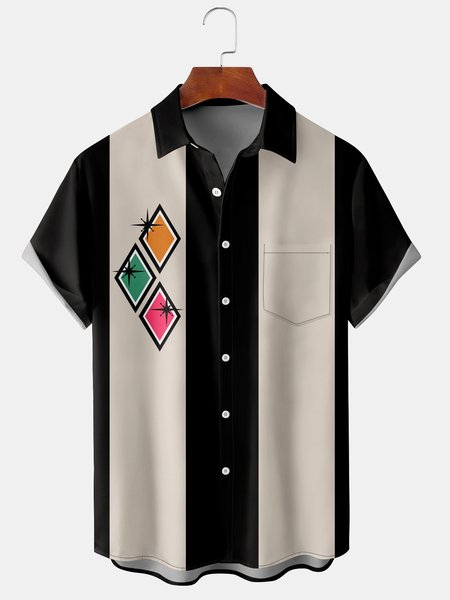 

Men's Chest Pocket Print Short Sleeve Hawaiian Shirt, Black, Men's Floral shirt