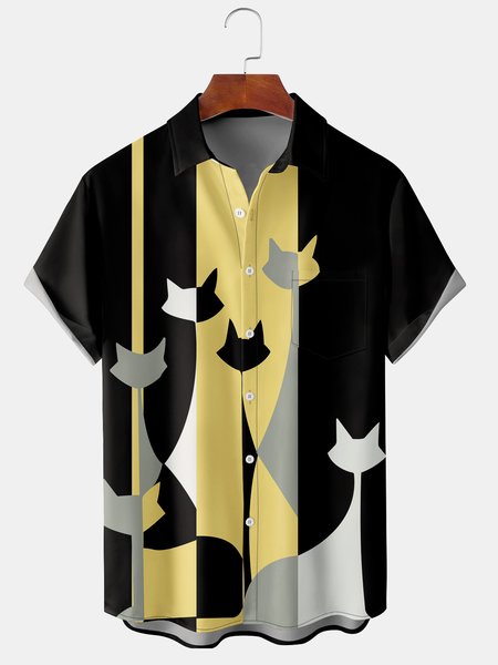

Men's Short Sleeve Hawaiian Shirt with Chest Pocket, Black, Men's Floral shirt