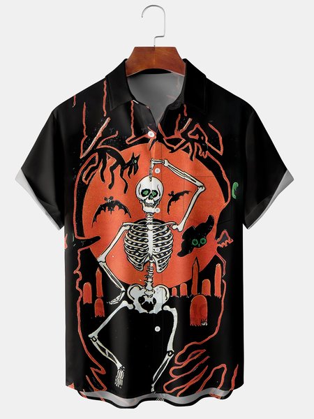

Men's Skull Print Short Sleeve Hawaiian Shirt with Chest Pocket, Black, Men's Floral shirt