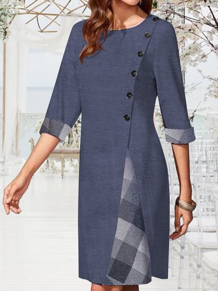 

Elastic button gingham dress Plus Size, Deep blue, Mini Dresses
