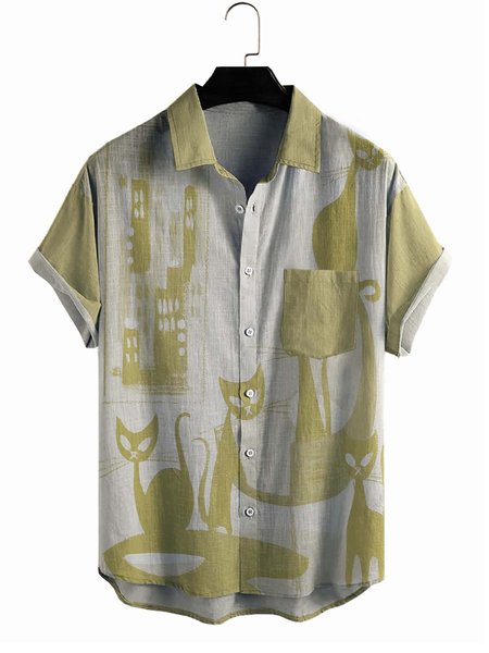

Cotton Linen Geometric Print Casual Short Sleeve Shirt, As picture, Men's Floral shirt