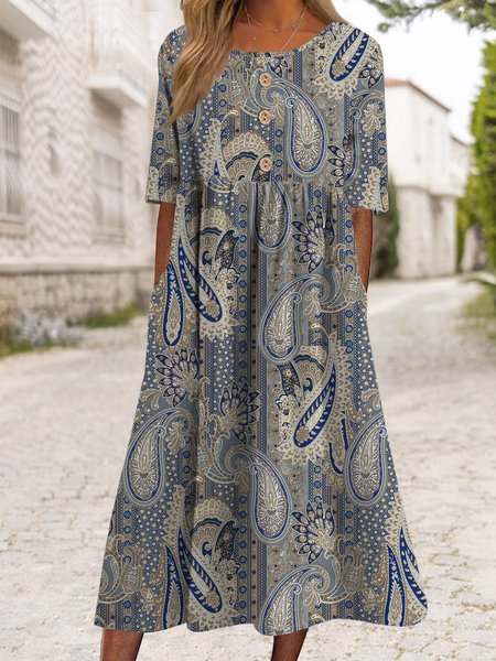 

Loose half sleeve Paisley button up long Dress, Blue, Dresses