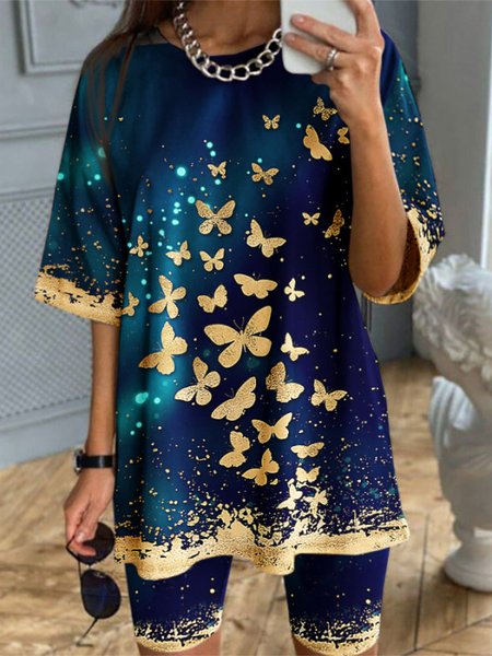 

Casual Butterfly Loose Short Sleeve T-Shirt & Pants, Blue, Suit Set