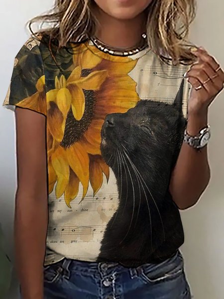 

Women You Are My Sunshine Black Cat Smell Yellow Sunflower Love Simple Crew Neck Loose T-Shirt, T-shirts