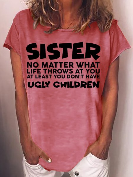 

Womens Funny Sister Letter Casual Crew Neck T-Shirt, Red, T-shirts
