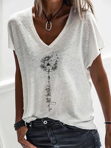 

Women Casual Dandelion V Neck Plain Loose Short Sleeve Summer T-Shirt, White, Tees & T-shirts