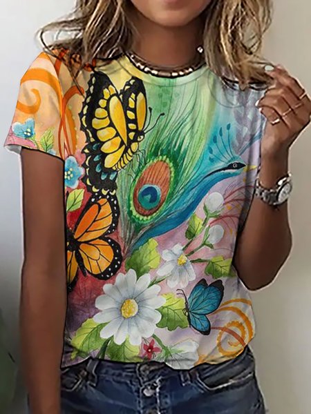 

Women Peacock Butterfly Floral Print Simple Crew Neck Animal T-Shirt, As picture, T-shirts