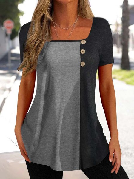 

Casual Contrast Panel Square Neck Short Sleeve T-Shirt, Gray, T-Shirts