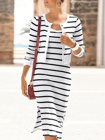 

Striped Fit Casual Two Piece Sets, White, Dresses