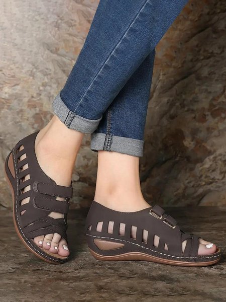 

JFN Vintage Casual Velcro Cutout Wedge Sandals, Brown, Sandals
