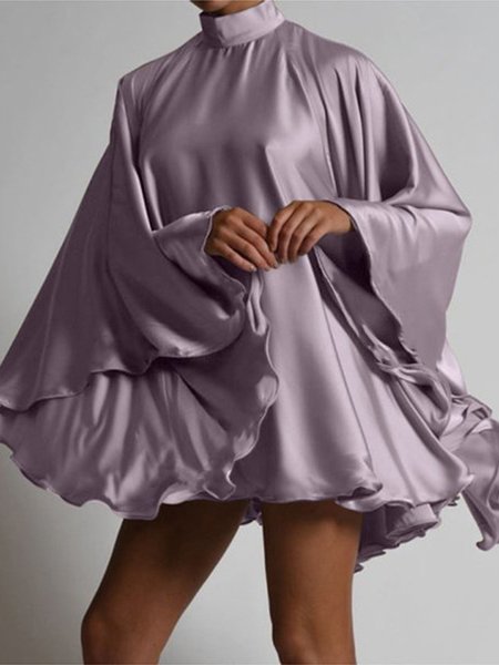 

Plain Elegant Turtleneck Loosen Daily Mini Dress, Purple, Mini Dresses